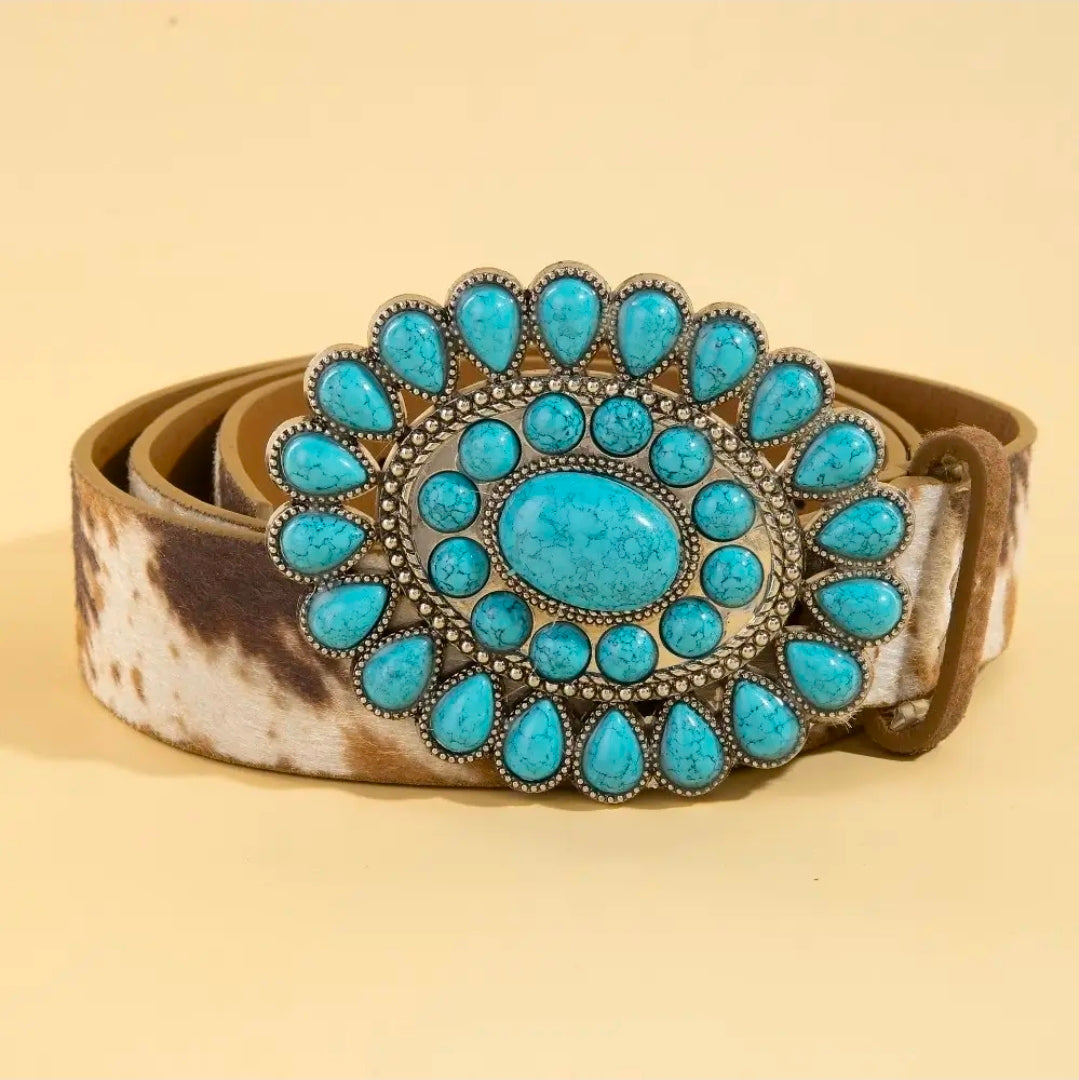 Turquoise Concho Cow Print Belt