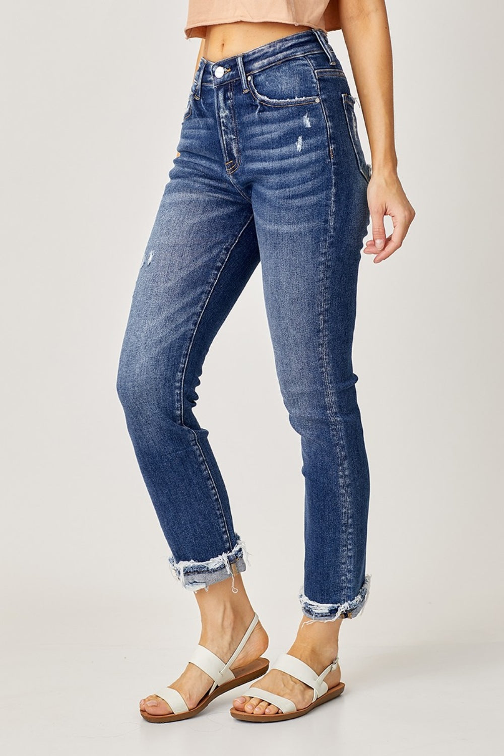 Risen Full Size High-Rise Frayed Cuffed Straight Jeans