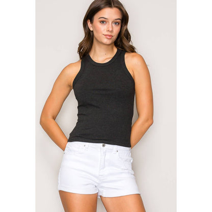 Crew Neck Sleeveless Rayon Rib Knit Tank Top