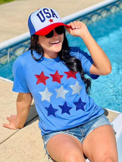 Red Silver And Blue Stars Patriotic Glitter Tee