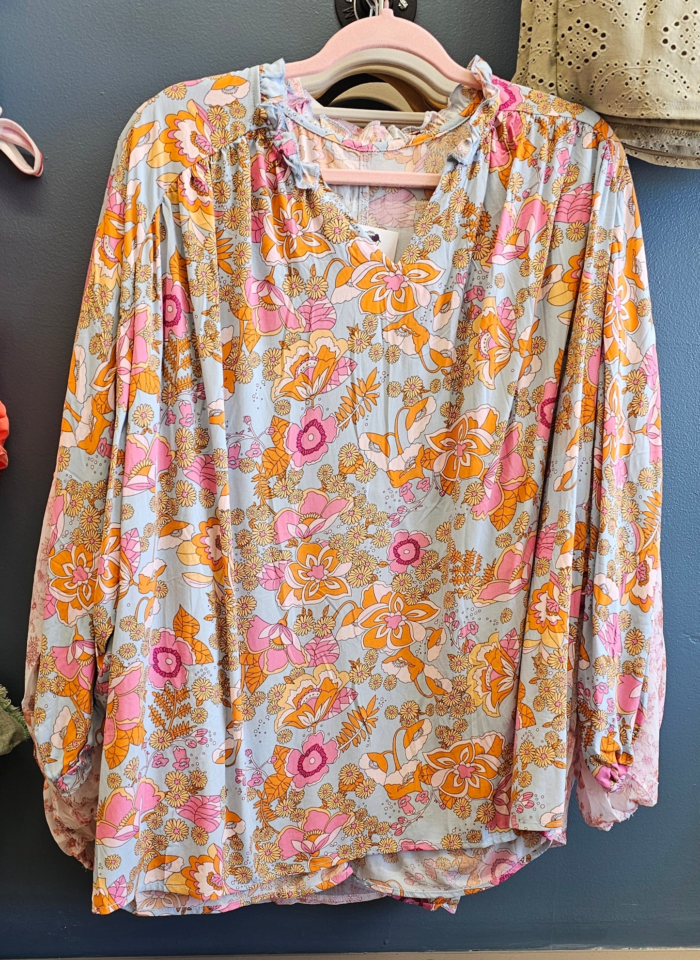 Blue Floral Peasant Blouse