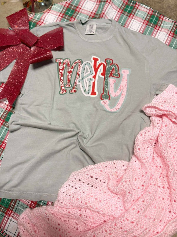 Merry Patchwork Christmas Graphic DTF Tee