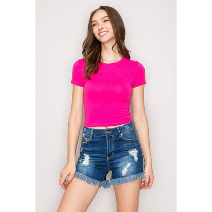 Short Sleeve Crew Neck Cotton Knit Cropped Top