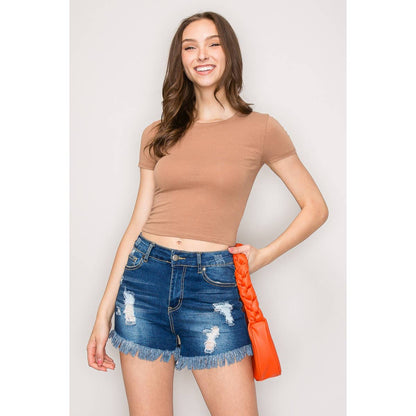 Short Sleeve Crew Neck Cotton Knit Cropped Top