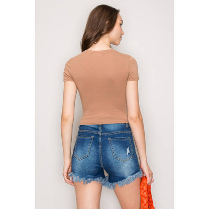 Short Sleeve Crew Neck Cotton Knit Cropped Top