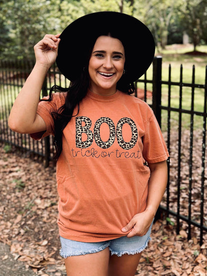 Leopard Boo Trick Or Treat Applique Tee