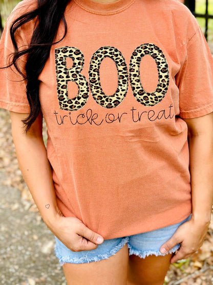 Leopard Boo Trick Or Treat Applique Tee
