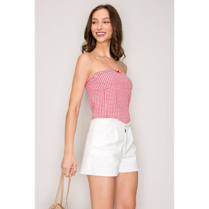 Gingham Seersucker Tube Top with Seamed Detail and Crochet T