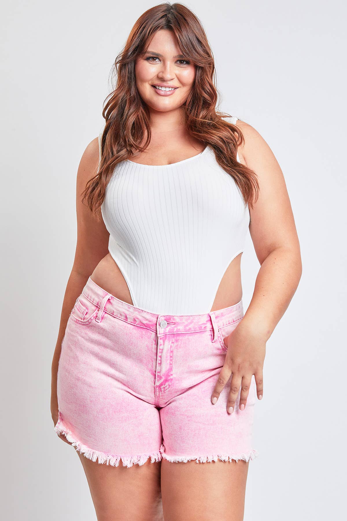 Junior Plus High-Rise 80's Acid Wash Mom Short:  FLAMI-Flamingo