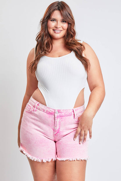 Junior Plus High-Rise 80's Acid Wash Mom Short:  FLAMI-Flamingo