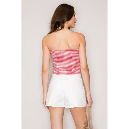 Gingham Seersucker Tube Top with Seamed Detail and Crochet T