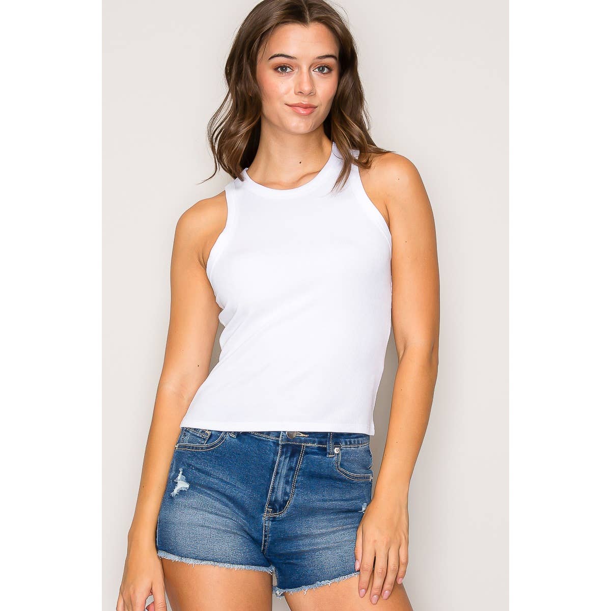 Crew Neck Sleeveless Rayon Rib Knit Tank Top