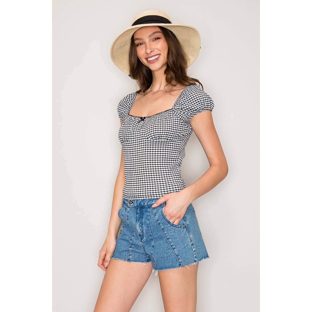 Gingham Seersucker Top with Puff Sleeves