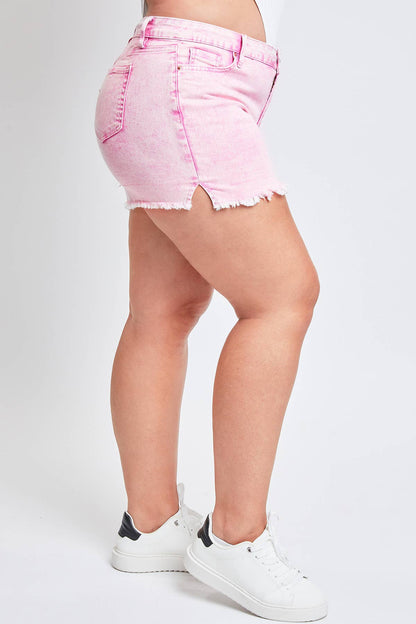 Junior Plus High-Rise 80's Acid Wash Mom Short:  FLAMI-Flamingo