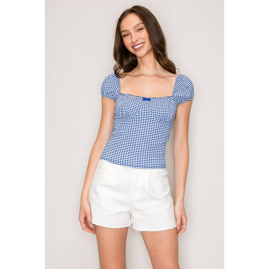 Gingham Seersucker Top with Puff Sleeves