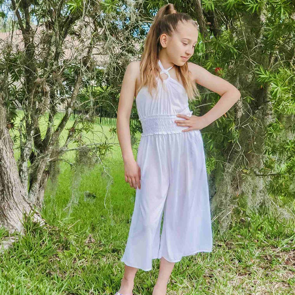 Halter Bell-Bottom Jumper For Girls & Toddler | Swim CoverUp: Beach White