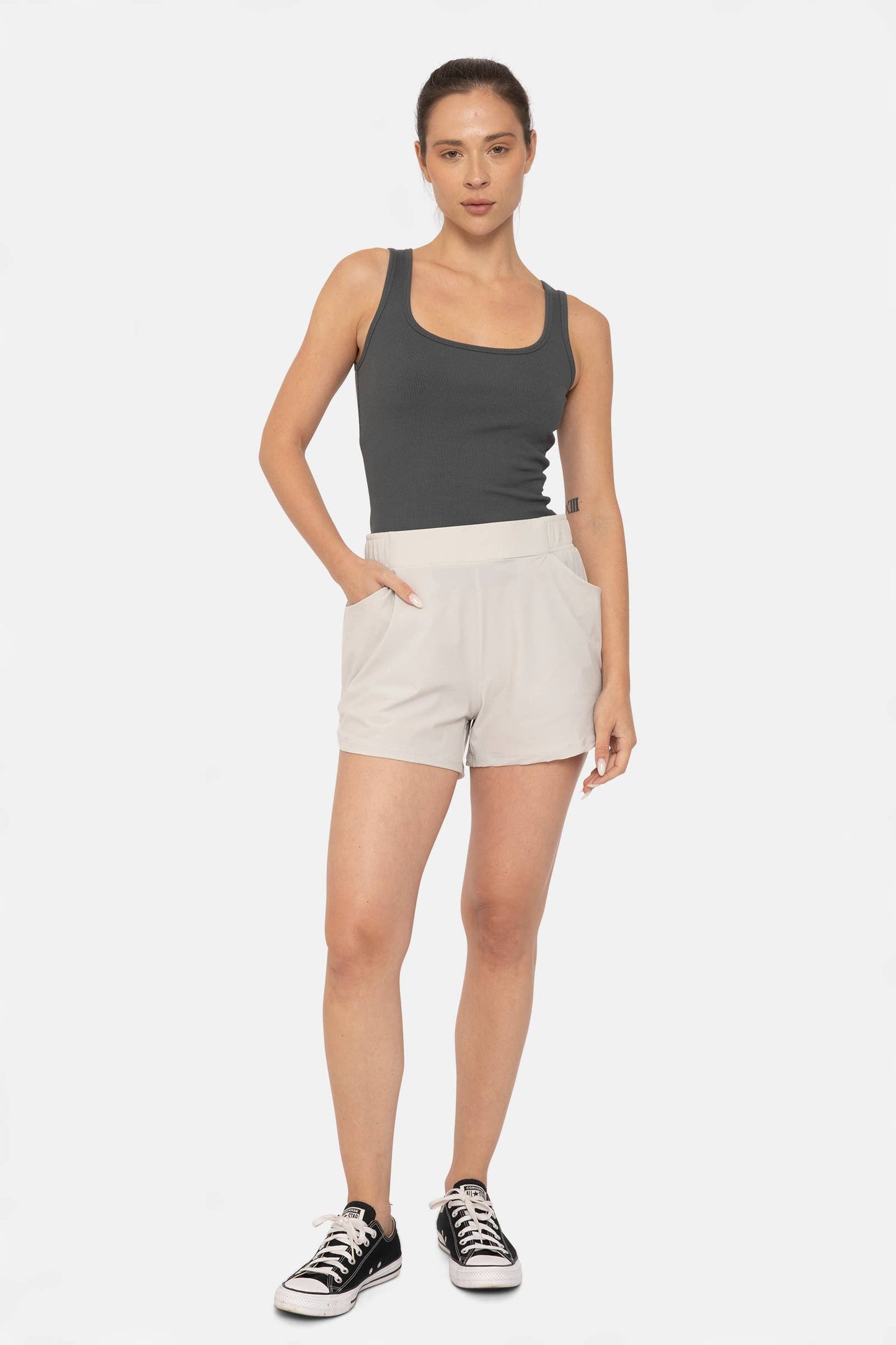 Athleisure Shorts with Curved Hemline