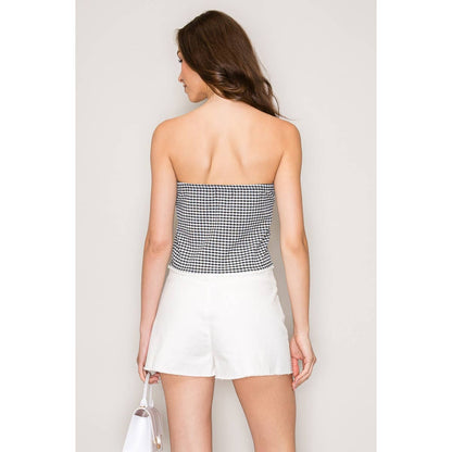 Gingham Seersucker Tube Top with Seamed Detail and Crochet T