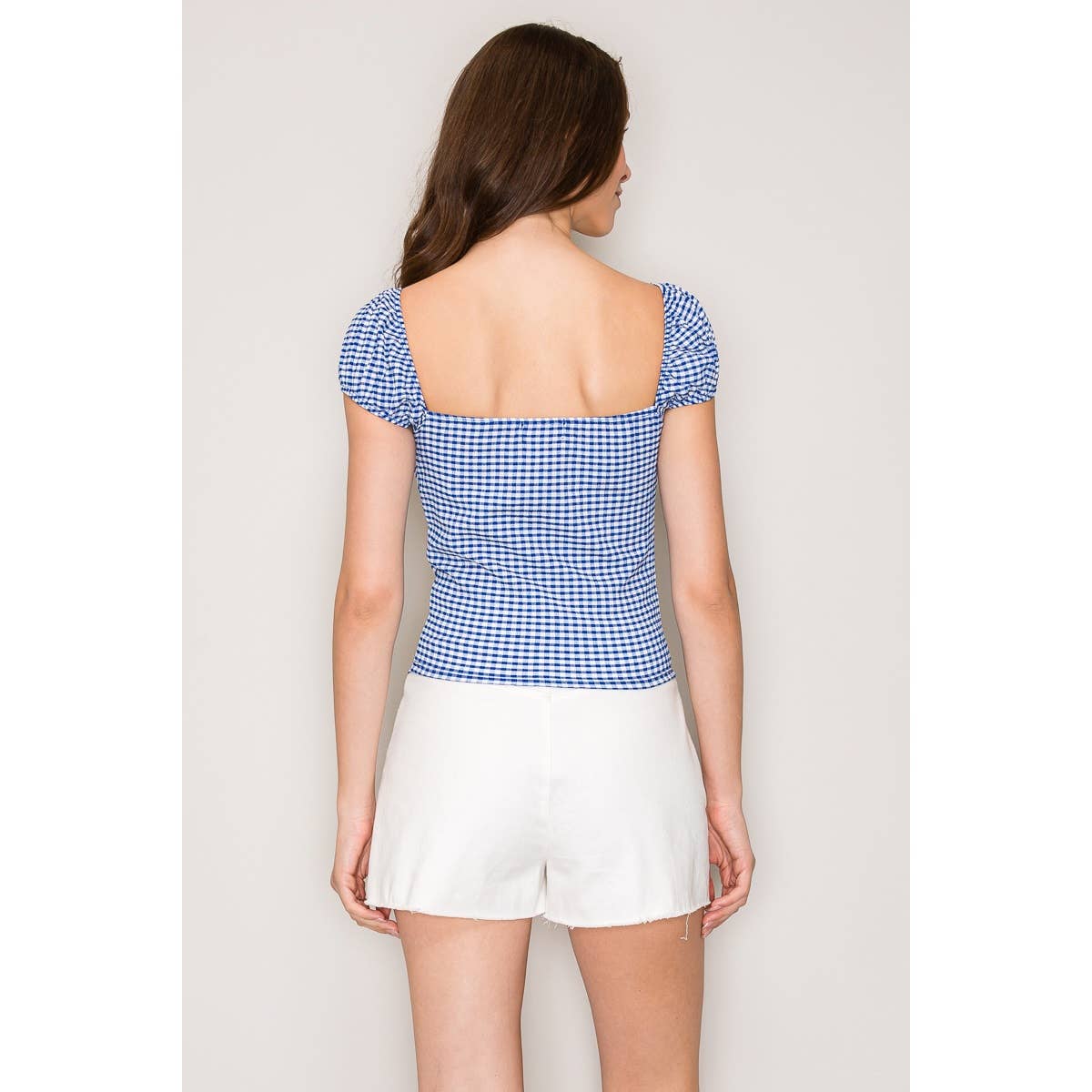 Gingham Seersucker Top with Puff Sleeves