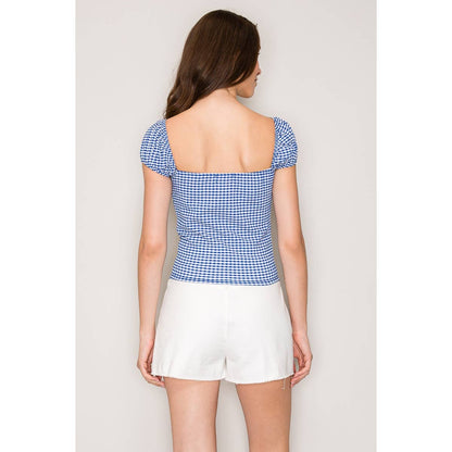 Gingham Seersucker Top with Puff Sleeves