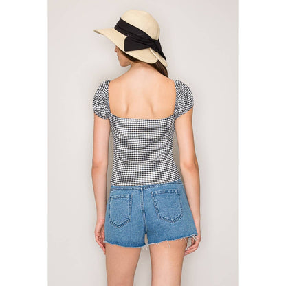 Gingham Seersucker Top with Puff Sleeves
