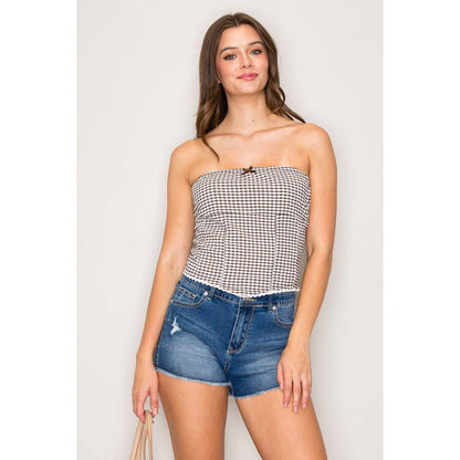 Gingham Seersucker Tube Top with Seamed Detail and Crochet T