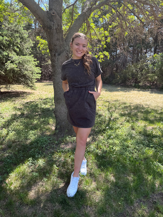 Mineral Washed Mini Dress in Black
