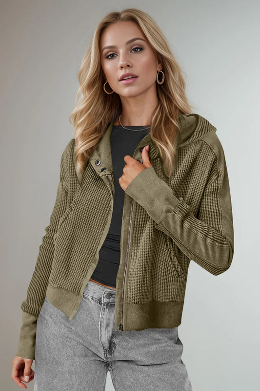Waffle Knit Hooded Jacket Olive