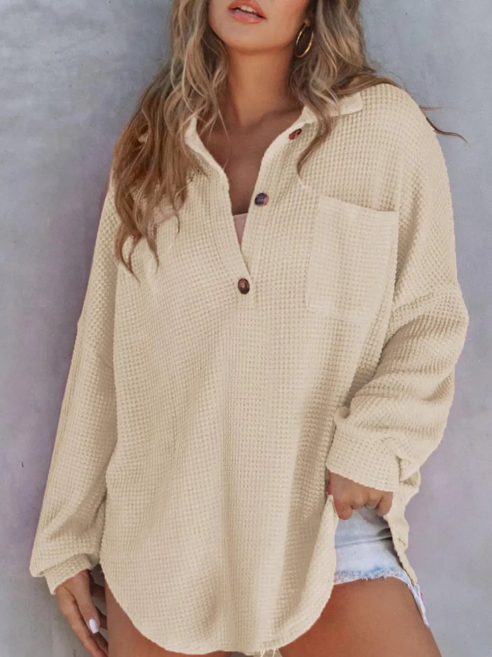 Waffle Knit Pullover in Cream