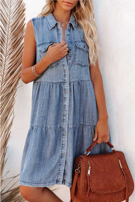 Sleeveless Denim Tiered Dress
