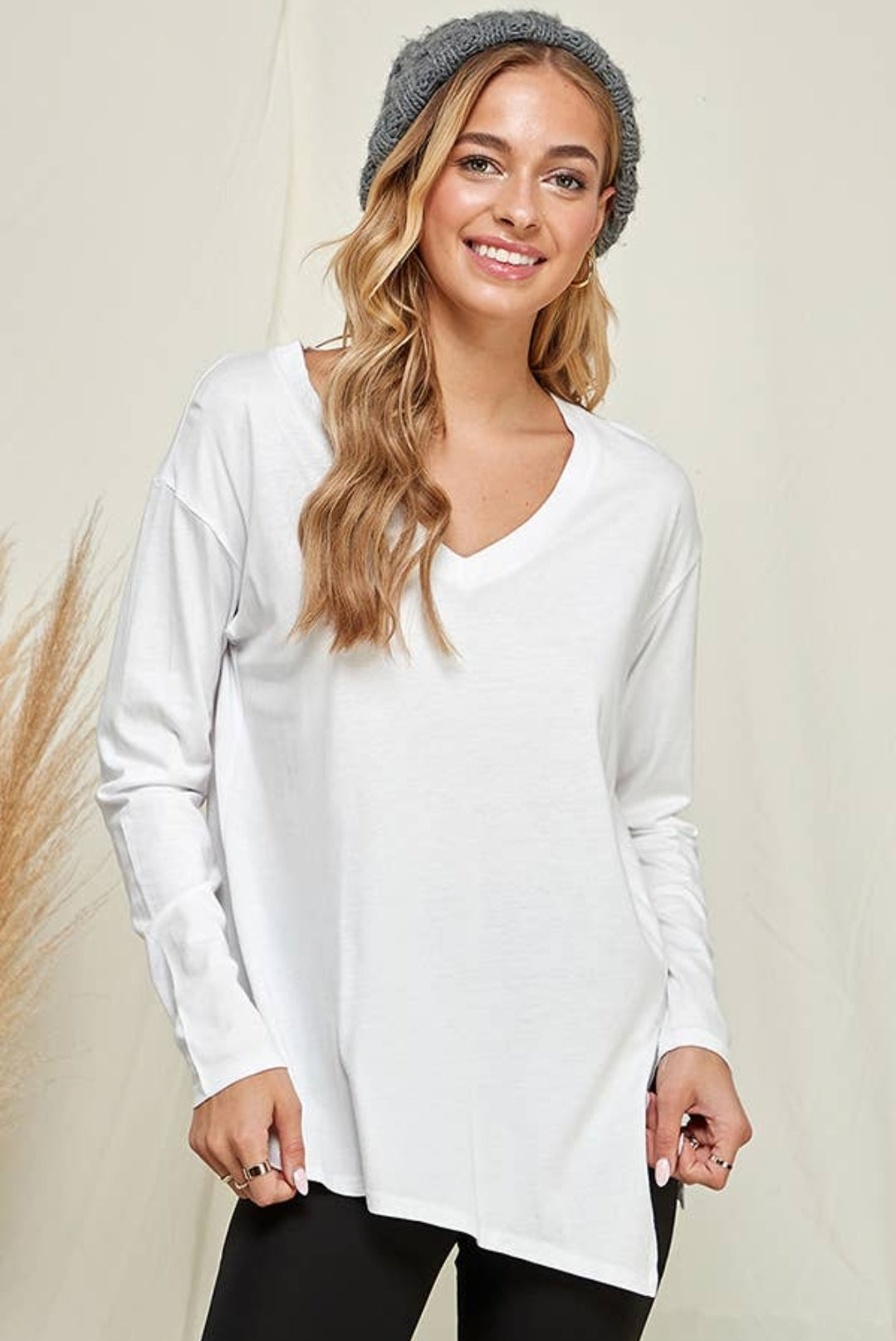White LS Vneck Side Slit Tee