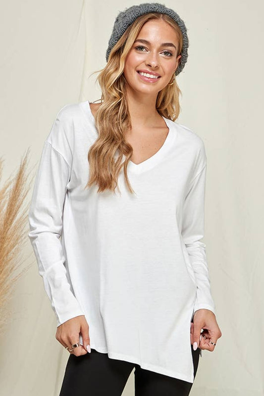 White LS Vneck Side Slit Tee