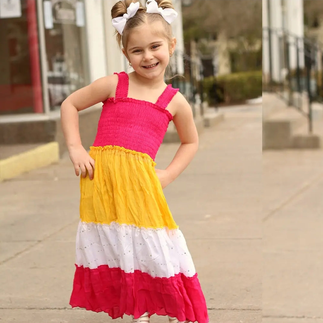 Girl's Maxi Sundress in Fuschia and Yelloe