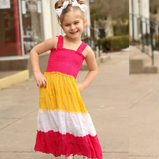 Girl's Maxi Sundress in Fuschia and Yelloe