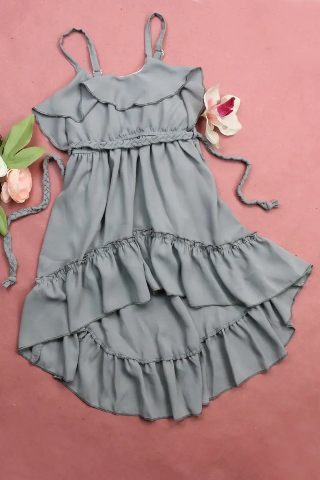 Girl's Hi Lo Chiffon Dress in Stone Gray
