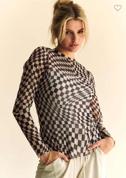 Checkered Mesh Layering Top Black