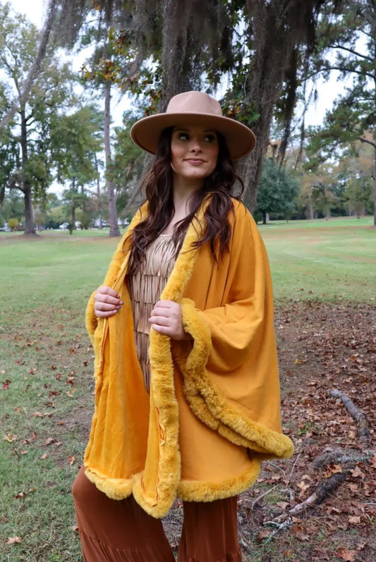 Lubbock Fur Trim Poncho Mustard