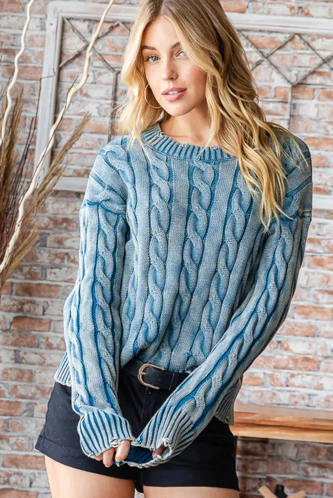 Icy Blue Distressed Cable Knit Sweater