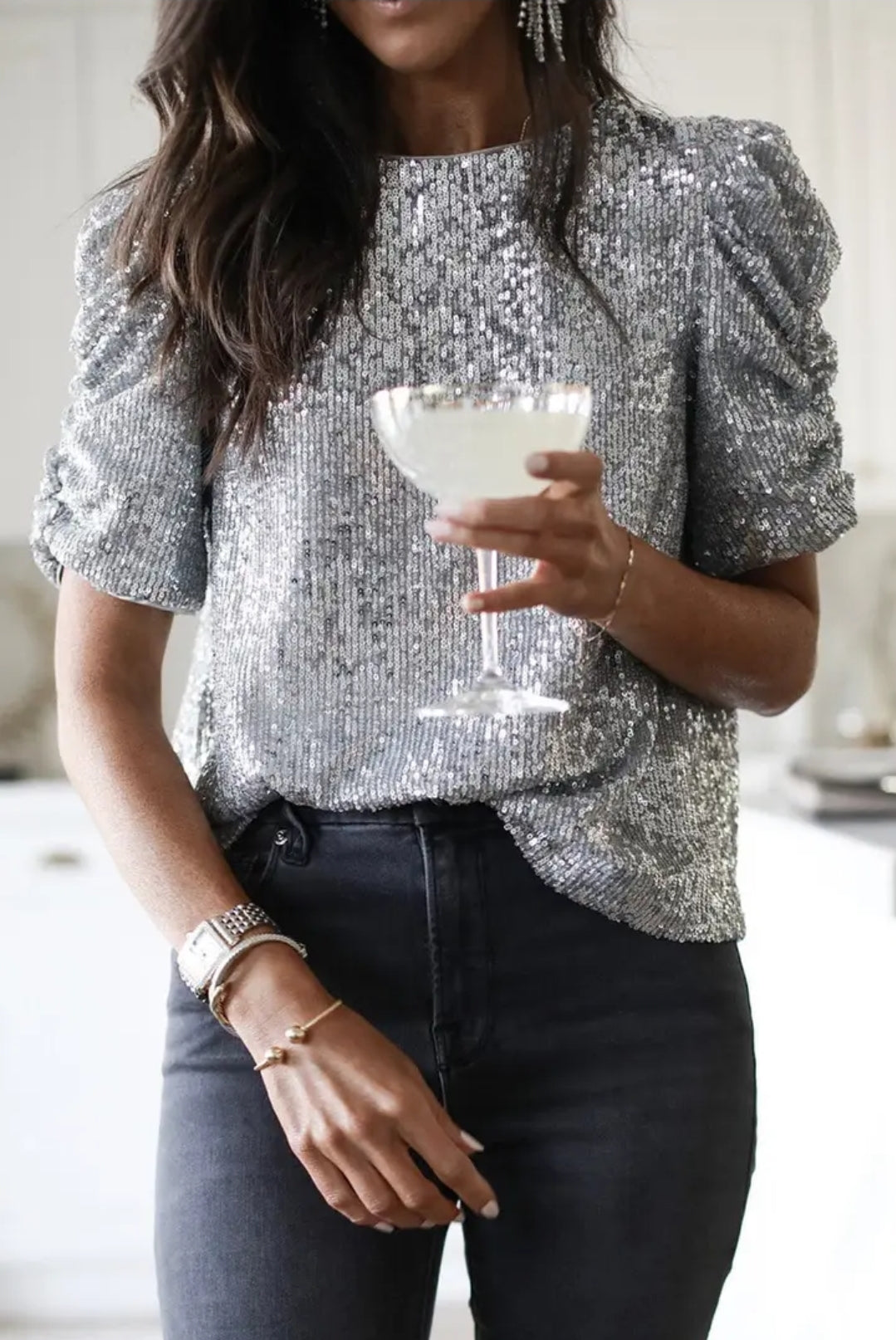 Silver Ruched Puff Sleeve Top