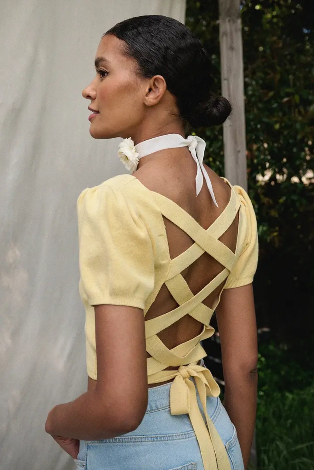 Becca Crop Lace Back Sweater in Lemon