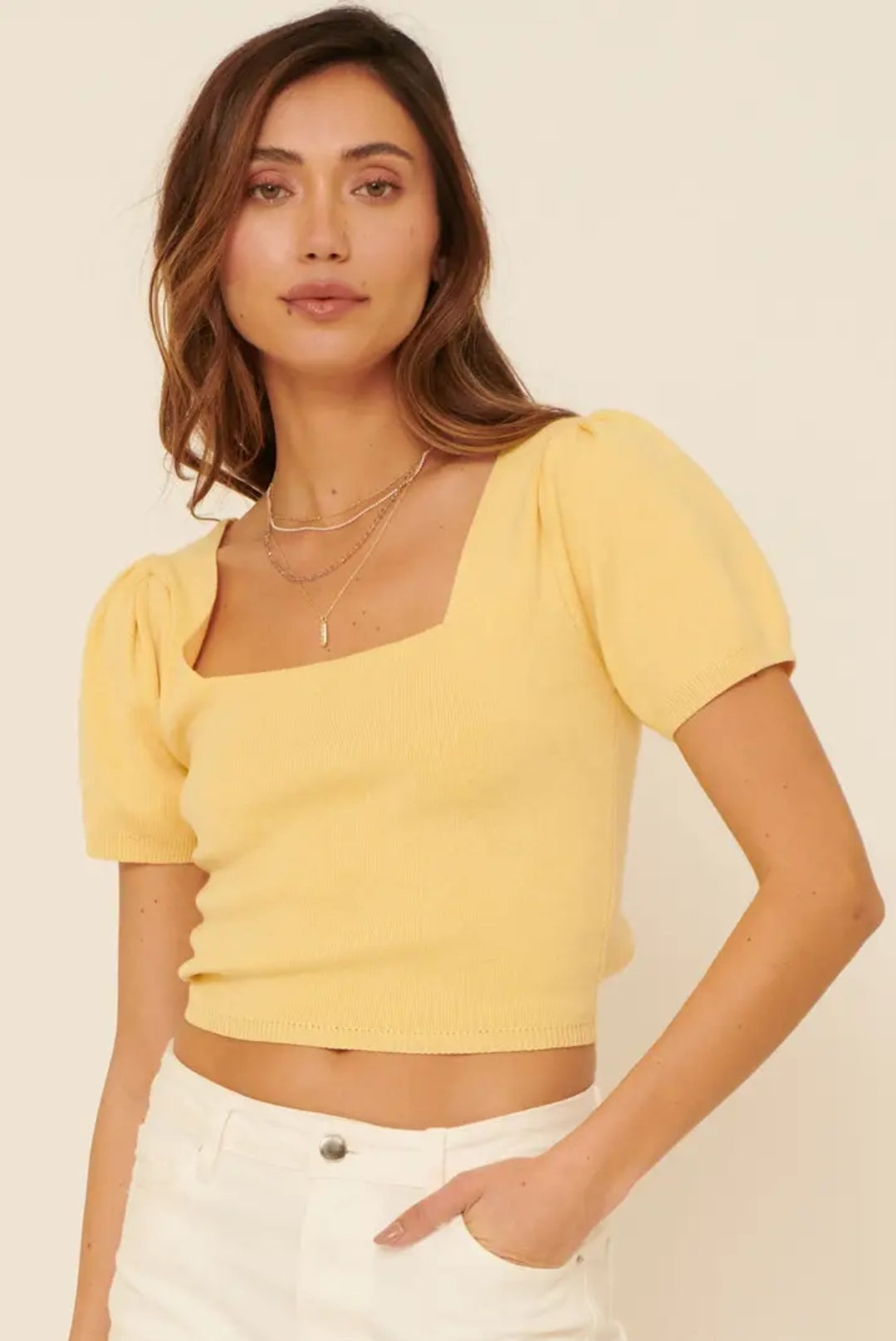 Becca Crop Lace Back Sweater in Lemon