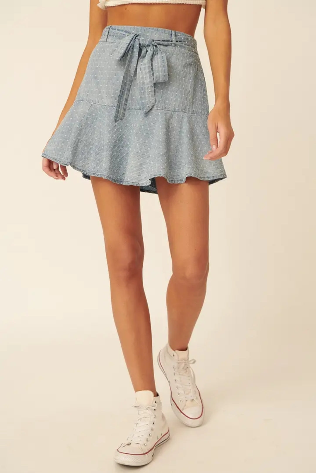 Maisie Swiss Dot Mini Skirt in Denim Blue
