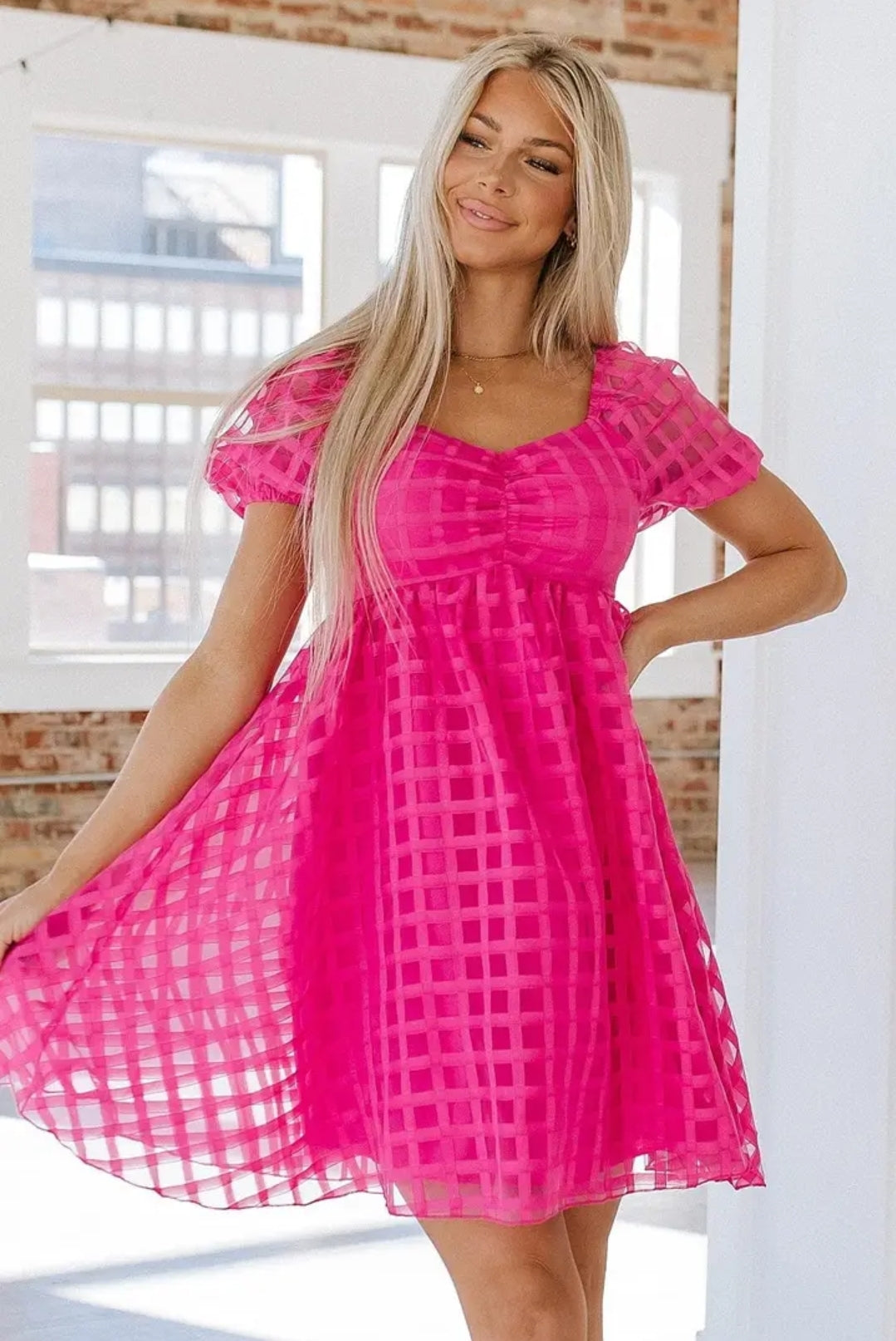 Teah Puff Sleeve Baby Doll Dress in Strawberry Pink