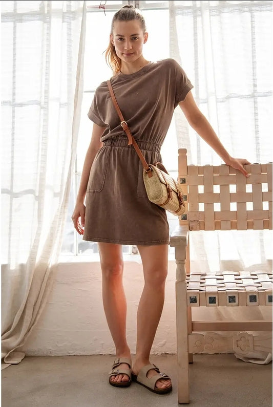 Mineral Washed Mini Dress in Cocoa