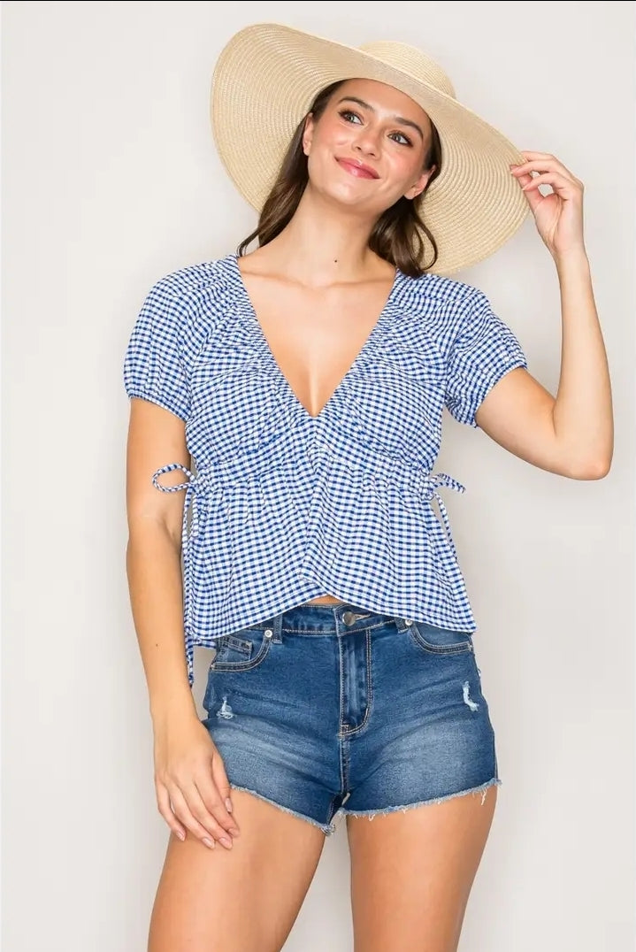 Side Tie Gingham Blouse