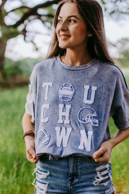 Touchdown Tee Embroidered Acid Wash Blue