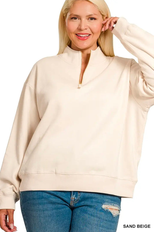 Fleece Half Zip Sweater in Sand Beige-Plus