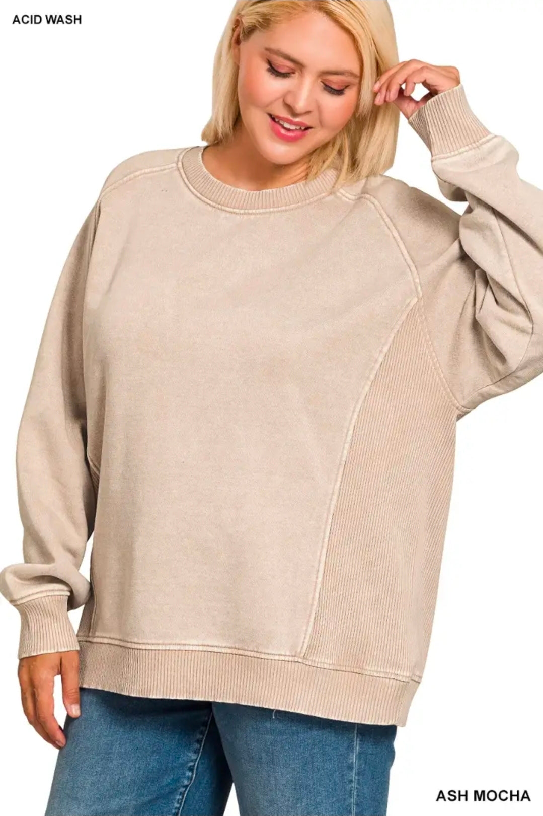 Acid Wash Ash Mocha Pullover-Plus
