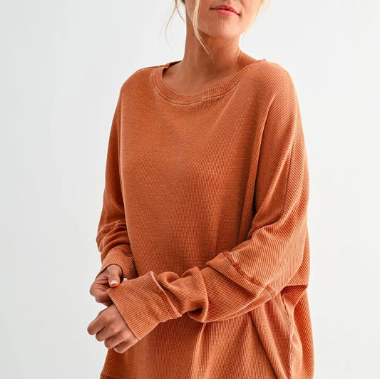 Waffle Ribbed Pullover Burnt Amber