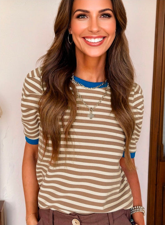 Taylor Brown Striped Tee with Royal Accent